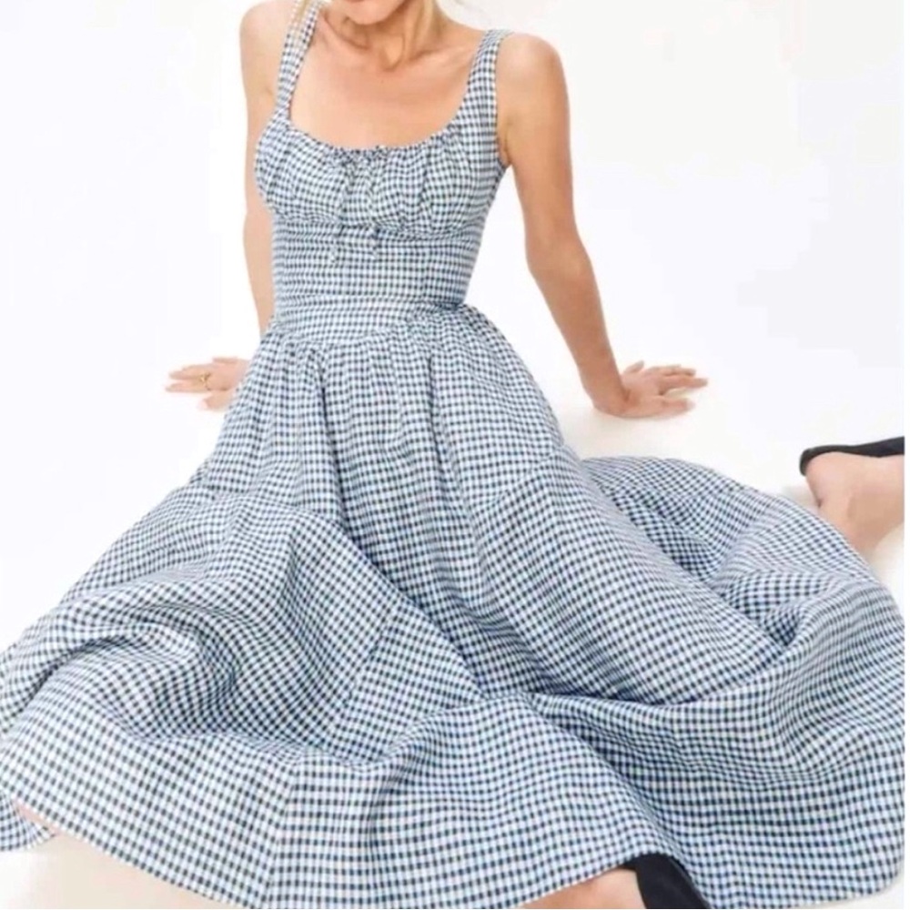 Reformation Balia Linen Long Dress in Slate Check | Size 2 | Orig $290